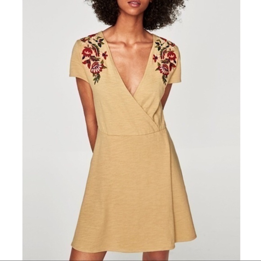 Zara Beige Knit Floral Embroidered Dress